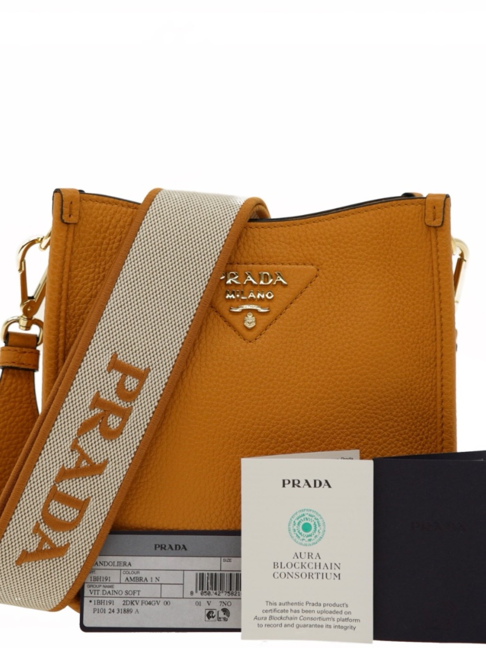 Prada Shoulder Bag Guitar Strap Light Brown Leather Small 1BH191 New - Picture 4 of 8